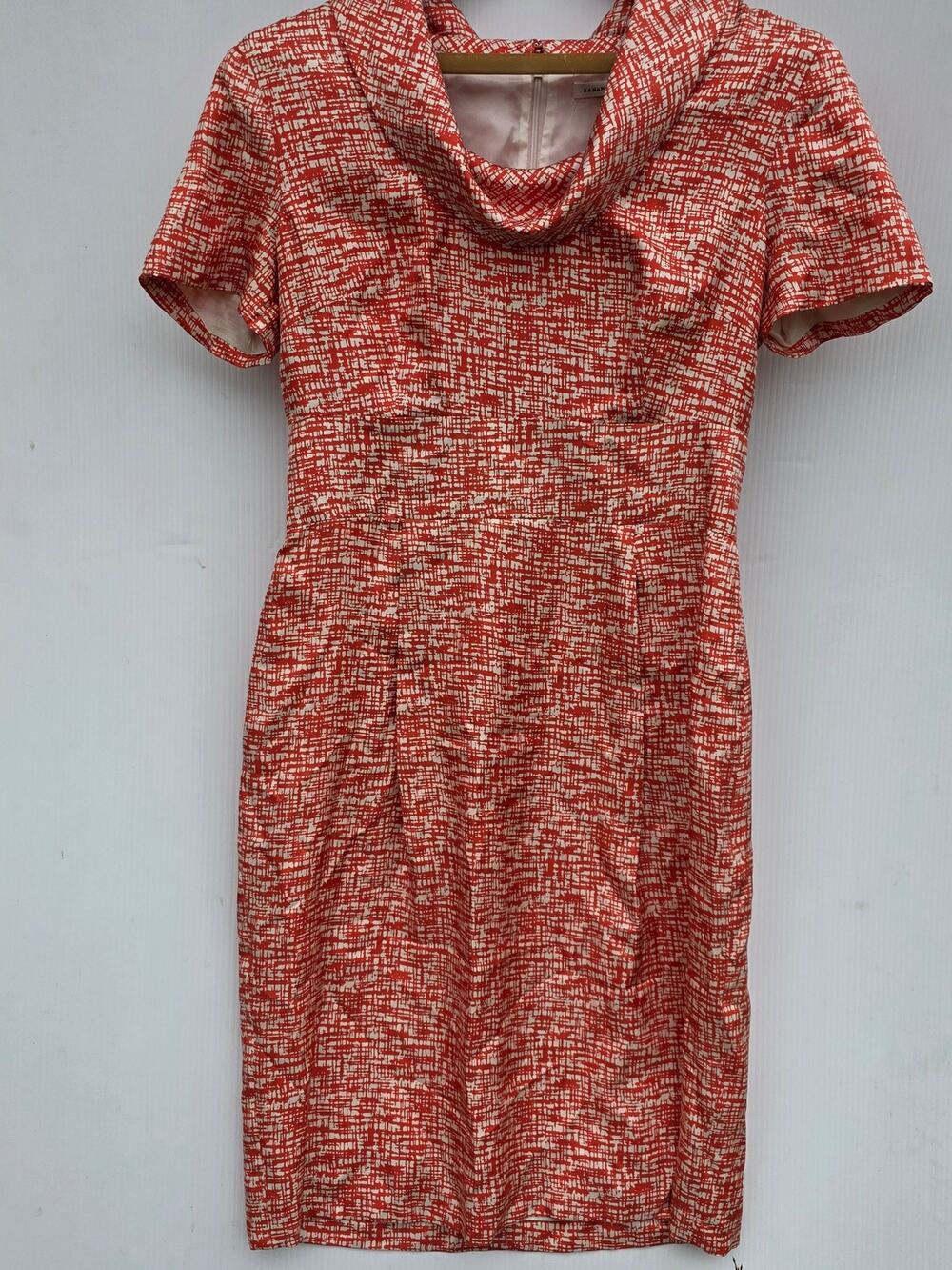 Banana Republic Red and White Abstract Silk Sheath Dress Size 8 Cowl Neck